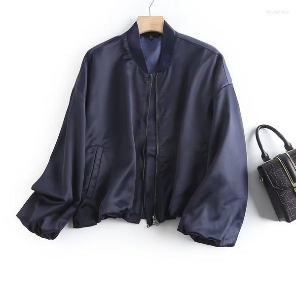 Chaquetas de mujer YENKYE 2023, chaqueta Bomber corta de gran tamaño para mujer, abrigo Vintage con manga abombada y cremallera, ropa de abrigo corta para mujer, Tops elegantes