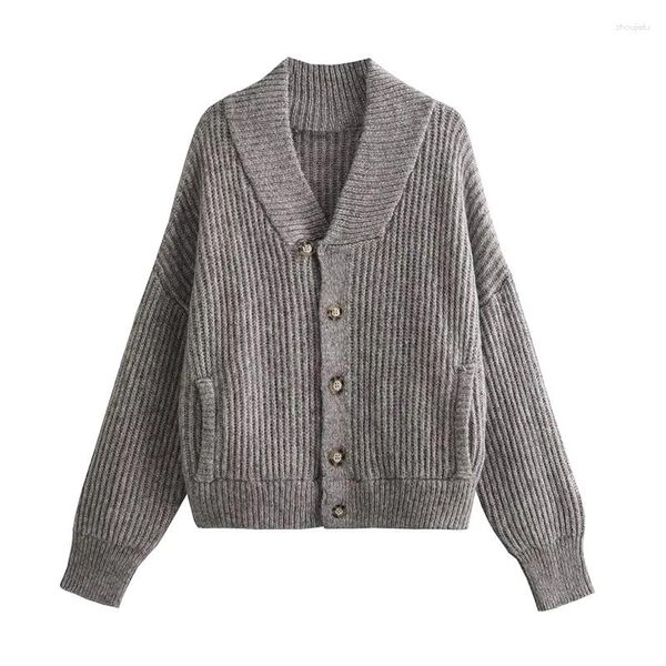 Vestes Femmes Yenkye Vintage Femmes Gris Oversize Manches Longues Col V Tricot Bomber Veste Manteau