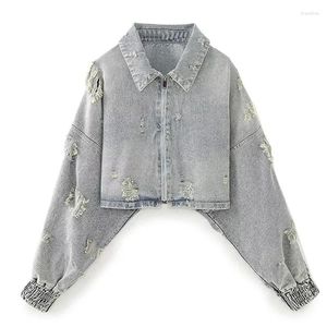 Vestes Femmes YENKYE Vintage Femmes Surdimensionné Ripped Crop Denim Veste À Manches Longues Fermeture À Glissière Femme Automne Hiver Court Vêtements D'extérieur