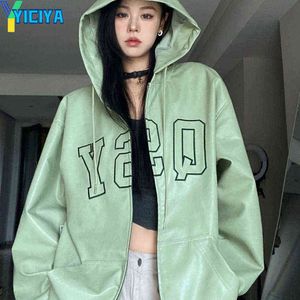 Chaquetas de mujer YICIYA Bomber Woman Varsity Jacket Chaqueta de cuero de PU con capucha verde Chaquetas de béisbol de manga larga Abrigo femenino de gran tamaño Invierno 2022 T220830