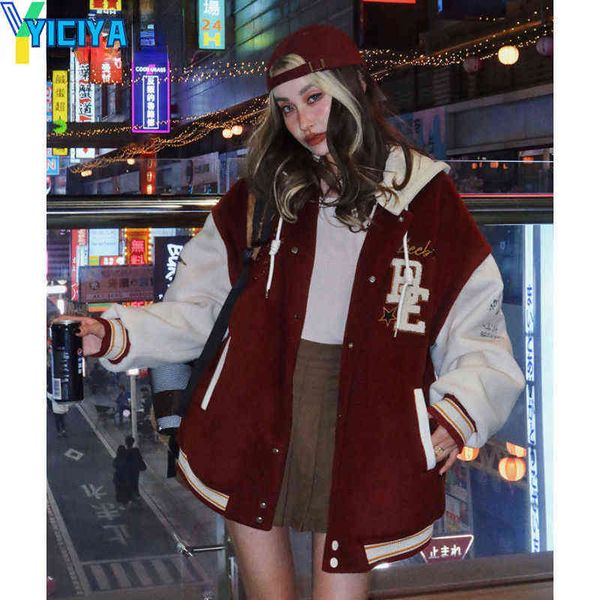 Vestes Femmes Yiciya Bomber Femme Varsity Veste À Capuchon Américain À Manches Longues Veste De Baseball Oversize Université Femelle Manteau Hiver 2022 Top T220830