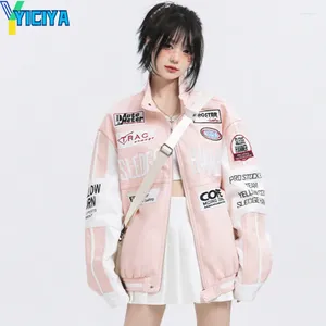 Vestes Femmes Yiciya Veste Bomber Femmes Racing Varsity Rose Cuir Moto Baseball Américain Oversize Y2k Vintage Manteau