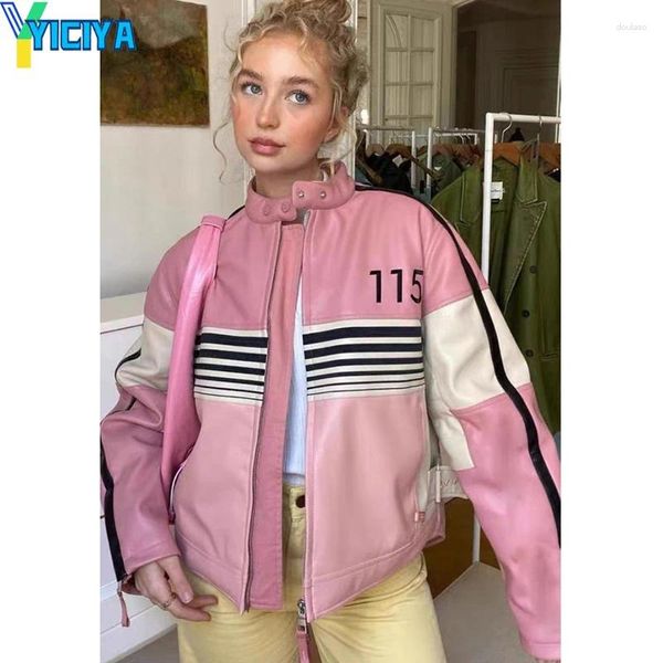 Vestes Femmes Yiciya Veste en cuir rose Y2K Racing Car Femmes Manteaux Bomber Mode coréenne Hiver Moto Tenues Streetwear Top