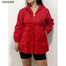 Vestes Femmes Yisolife Veste à manches longues à capuche mi-longueur trench-coats taille cordon de serrage vêtements d'extérieur coupe-vent à fermeture éclair