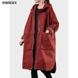 YISOLLIFE – vestes à manches longues pour femmes, Trench-coat ample avec fermeture éclair complète, vestes longues à capuche avec poches, L231016