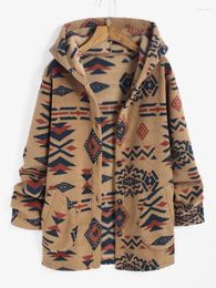 Vestes pour femmes Zaful capuche imprimé aztèque poches de style géométrique long tribal géo imprimé manteau de peluche moelleux pour l'hiver
