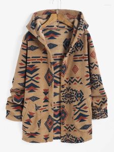 Damesjassen ZAFUL Azteekse print met capuchon, geometrische stijlzakken, lange pluizige teddyjas met tribal geoprint voor de winter