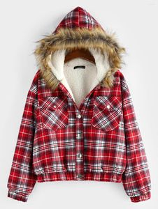 Femmes Vestes ZAFUL Plaid Goutte Épaule Poche Teddy Doublé Parka Manteau Femmes Bouton Up Veste En Fausse Fourrure Pour L'automne Hiver À Capuche Outwear