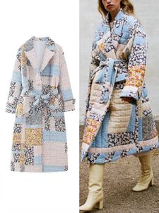 Vestes pour femmes ZBZA automne hiver ceinturé longue veste matelassée imprimée manteau à manches à revers simple boutonnage rembourré vêtements d'extérieur chauds 231202
