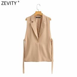 Vestes Femmes Zevity Femmes Mode Solide Côté Split Un Bouton Gilet Vintage Femelle Sans Manches Survêtement Costume Chic Outwear Gilet CT734 230223