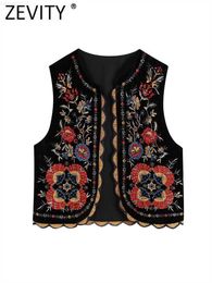 Dames Jassen Zevity Dames Vintage Pailletten Bloem Geborduurd Vest Jas Dames Nationale Stijl Patchwork Casual Fluwelen Vest Tops CT2978 L230724