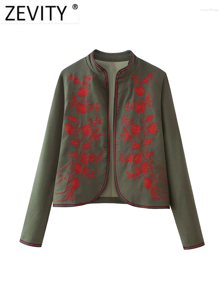 Women's Jackets Zevity Women Vintage Stand Collar Flower Embroidery Casual Cardigan Jacket Lady Patchwork Outwear Open Stitch Tops CT296