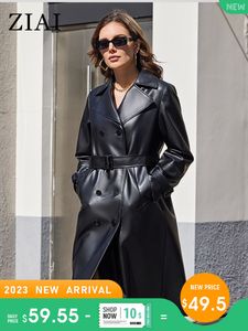 Vestes pour femmes ZIAI Printemps Long Surdimensionné Noir Faux Cuir Trench-Coat pour Femmes Ceinture Double Boutonnage Lâche Mode PU 30020 230307