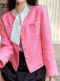 Damesjassen zjyt luxe ontwerper winter tweed voor vrouwen 2022 mode full mouw o nek wollen melanges jas elegant bovenkleding roze