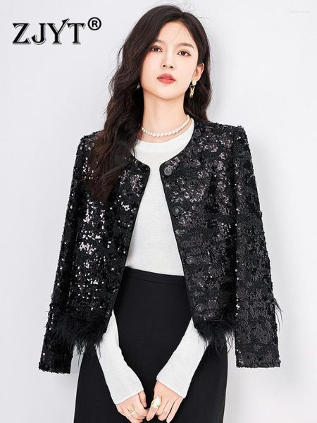 Vestes Femmes ZJYT Luxe Paillettes Noir Tweed Veste De Laine Pour Les Femmes 2023 Automne Hiver Plume Patchwork Manteaux Fête Vêtements D'extérieur Veste