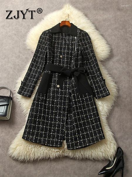 Vestes Femmes ZJYT Vintage Long Tweed Veste en laine Hiver 2024 Mode Mélanges de laine Manteau Noir Plaid Manteau Vêtements d'extérieur Veste Femme