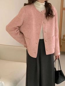 Damesjassen Zoki Mode Roze Tweed Jas Dames Frans Elegant Lange mouw Tops Herfst Winter Zoet O-hals Kantoor Dame Jas met enkele rij knopen 231117