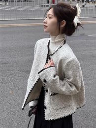 Damenjacken Zoki Französisch Mode Tweed Jacke Frauen Streetwear Süße Casual Faux Wollmantel Elegante Knöpfe Weibliche Herbst Winter Outwear