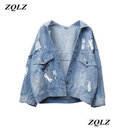 Damesjacks ZQLZ Plus Size 5xl Autumn Denim Jacket Dames Nieuw borduurpatroon Rapel Losse jeans jas dunne lente dames drop del dhdxy