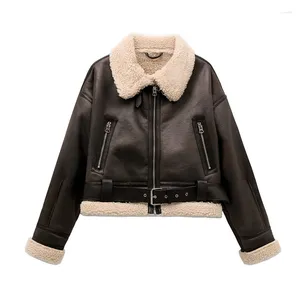 Damesjassen zvri 2024 Vrouw mode dikke warme faux shearling jas jas vintage riem met lange mouwen zoom vrouwelijk buiten