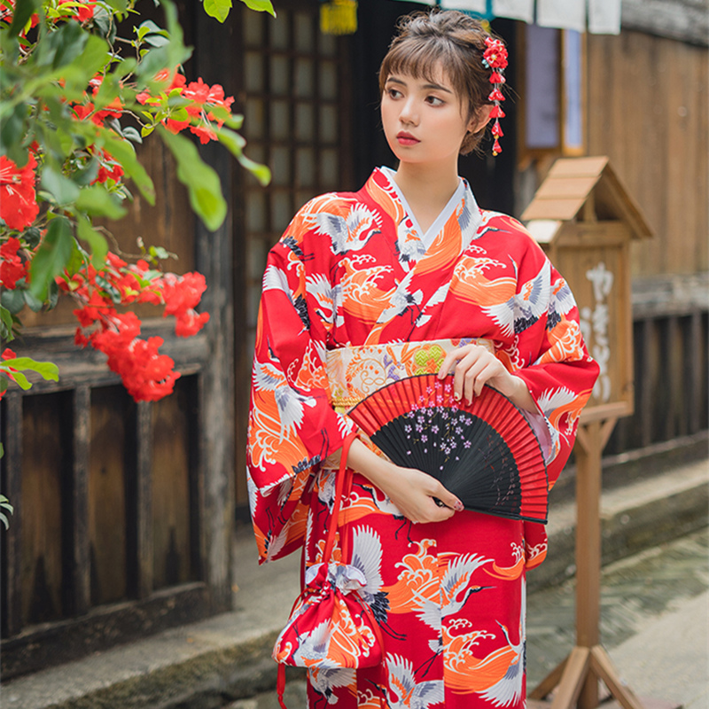 Женская японская японская кимоно красный цвет краны печатные изделия yuaka rabe cosplay stage clothing сцены/фото съемки.