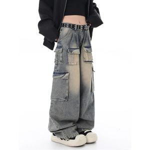 Jean bleu pour femme, pantalon Cargo, Streetwear, taille haute, jambes larges américaines, mode Y2K, pantalon droit d'hiver, 231219
