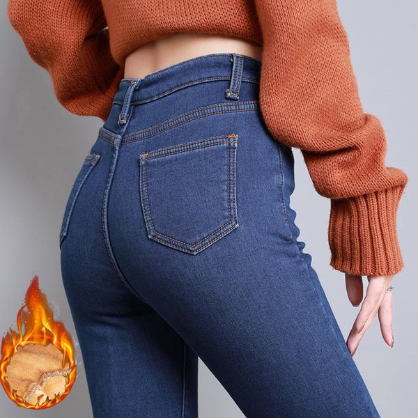 Mulheres Jean Clássico Azul Térmico Senhora Skinny Engrossar Denim Lápis Calças Inverno Neve Quente Pelúcia Stretch Fleece Fur Calças 230901