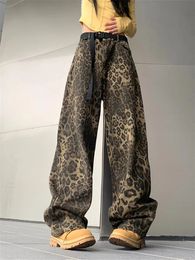 Jeans feminino moda alta rua perna larga punk leopardo jeans streetwear vintage calças jeans senhora casual y2k gótico coreano 231117