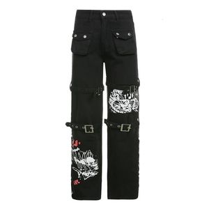 Jean Goth Punk taille haute pour femmes, Harajuku, boucle en métal, imprimé Hip Hop, pantalon Cargo, jambes larges, Baggy, pantalon en Denim ample, 230111