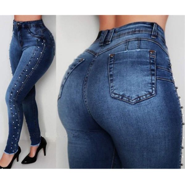 Jean taille haute pour femme jean Slim Skinny élastique Denim pantalon dames Vintage perles Push Up crayon calca hiver maman 221206