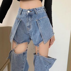 Dames jeans jeans recht losse hoge taille slanke broek veer dunne ontwerp afneembare shorts Harajuku kpop S615 230329