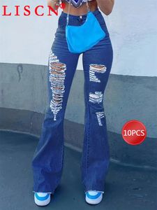 Jeans pour femmes 10 objets de gros 2024 Couleur solide creux de démin demots jean haute taille sexy y2k pantalon pantalon féminin k12147