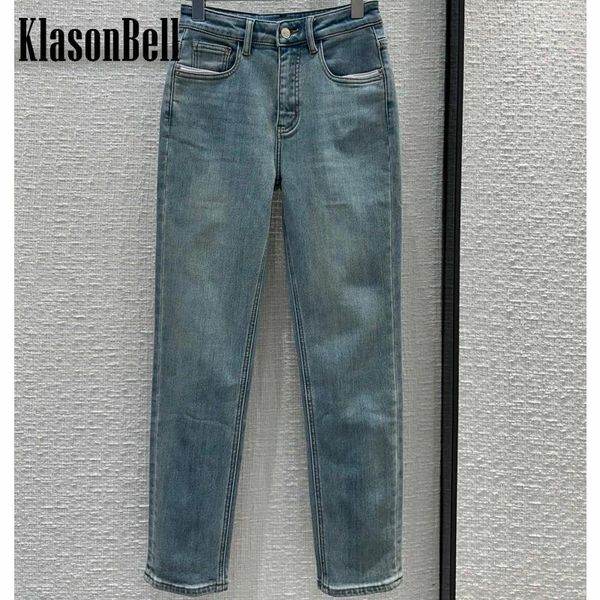 Jeans para mujer 12.12 Klasonbell Otoño Invierno Tela blanca Borde Vellón Grueso Mantener cálido Algodón Lavado Denim Lápiz delgado