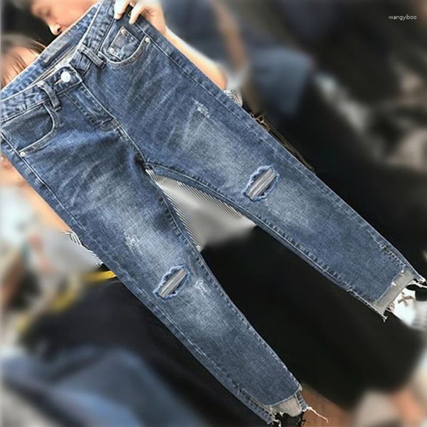 Jeans para mujer 200 kg Fat Sister Mm Pantalones Talla grande Cintura alta Elástico Slim Vestido de primavera recortado