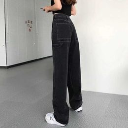 Damesjeans 2021 Nieuwe jeans voor vrouwen terug losse hoge taille moeder groot formaat rechte broek rechte broek lange wide been dames jeans strtwear y240422