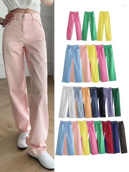 Jeans para mujer 2022 Algodón Mujeres Casual Pierna ancha Pantalones de llamarada sueltos Mamá Jean Lady Moda Candy Pantalones blancos 12 colores