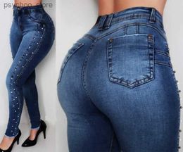 Damesjeans 2022 Hot Sale Hoge taille kralen heuplift jeans voor dames mode hoge stretch denim potlood broek straat hipster broek S-2XL Q230901