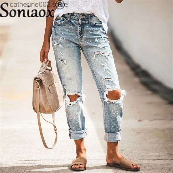 Jeans Femme 2022 Nouvelles femmes mode taille moyenne petit ami grand trou déchiré jean décontracté haute rue denim pantalon dames sexy vintage crayon jean T230826