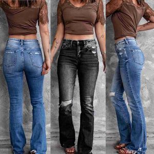 Jeans pour femmes 2022 printemps nouvelle taille haute Vintage déchiré Bootcut Jeans pour femmes rue décontracté Stretch Slim Denim pantalon évasé S-2XL livraison directe T230530