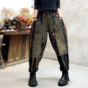 Pantalones vaqueros de mujer 2022, pantalones bombachos de mezclilla de algodón con cintura elástica para mujer, pantalones holgados de retazos de rayas hasta el tobillo con estampado Vintage para primavera y otoño