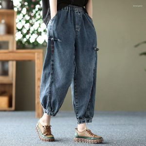 Jeans femme 2023 arrivée été femmes bouton Patchwork coton Denim cheville longueur pantalon décontracté ample taille élastique Harem P649