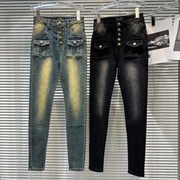 Jeans da donna 2023 Autunno Arrivo Bottoni in metallo Multi tasche Pantaloni in denim di colore sfumato Matita da donna GL826