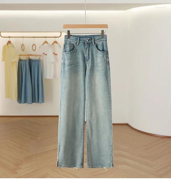 Jeans pour femmes 2023 automne printemps lavé bleu clair femmes coton bouton jambe large pantalon mode denim pantalon