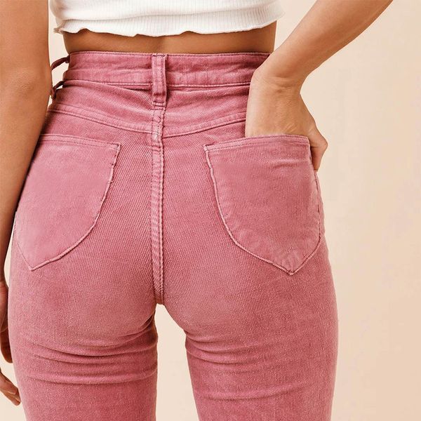 Jeans para mujer 2023 Colores dulces Rosa Azul Clásico Moderno Campana Parte inferior Pana Mujeres Ropa informal de algodón Pantalones Pantalones acampanados 230703