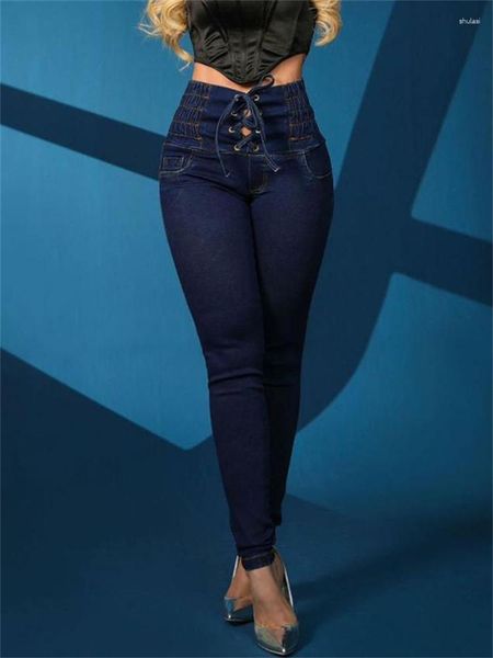 Jeans pour femmes 2023 Casual taille haute maigre pour femmes oeillet oeillet à lacets conception de poche plaine mode denim pantalon emo