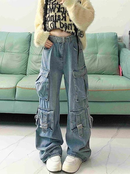 Jeans pour femmes 2023 Cyber Y2K Streetwear Washed Blue Baggy Cargo Pantalon pour femmes Vêtements Multi Poches Old Wide Leg Dress Lady Pantalon