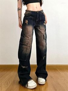 Jeans pour femmes 2023 Dark Y2K Streetwear Vintage Washed Cargo Gothic Ripped Baggy Femmes Denim Pantalon Grunge Taille Basse Casual Pantalon de poche