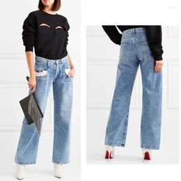 Frauen Jeans 2023 Frühherbst Hohe Taille Hellblau Tasche Patch Kontrast Farbe Gerade Denim Hosen Frauen