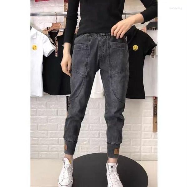 Jeans femme 2023 taille élastique coupe évasée pantalon mi-haut Denim pantalon femmes ample Slim Harem décontracté Cargo