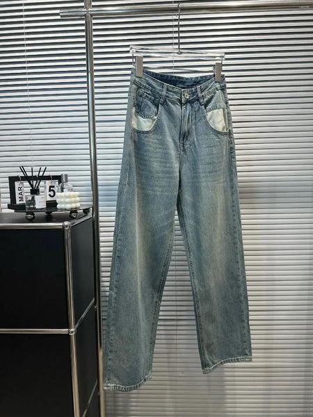 Jeans pour femmes 2023 Mode Bleu Poche Lettre Design Denim Pantalon Tendance Femme Lâche Droite Jean Pantalon Dame